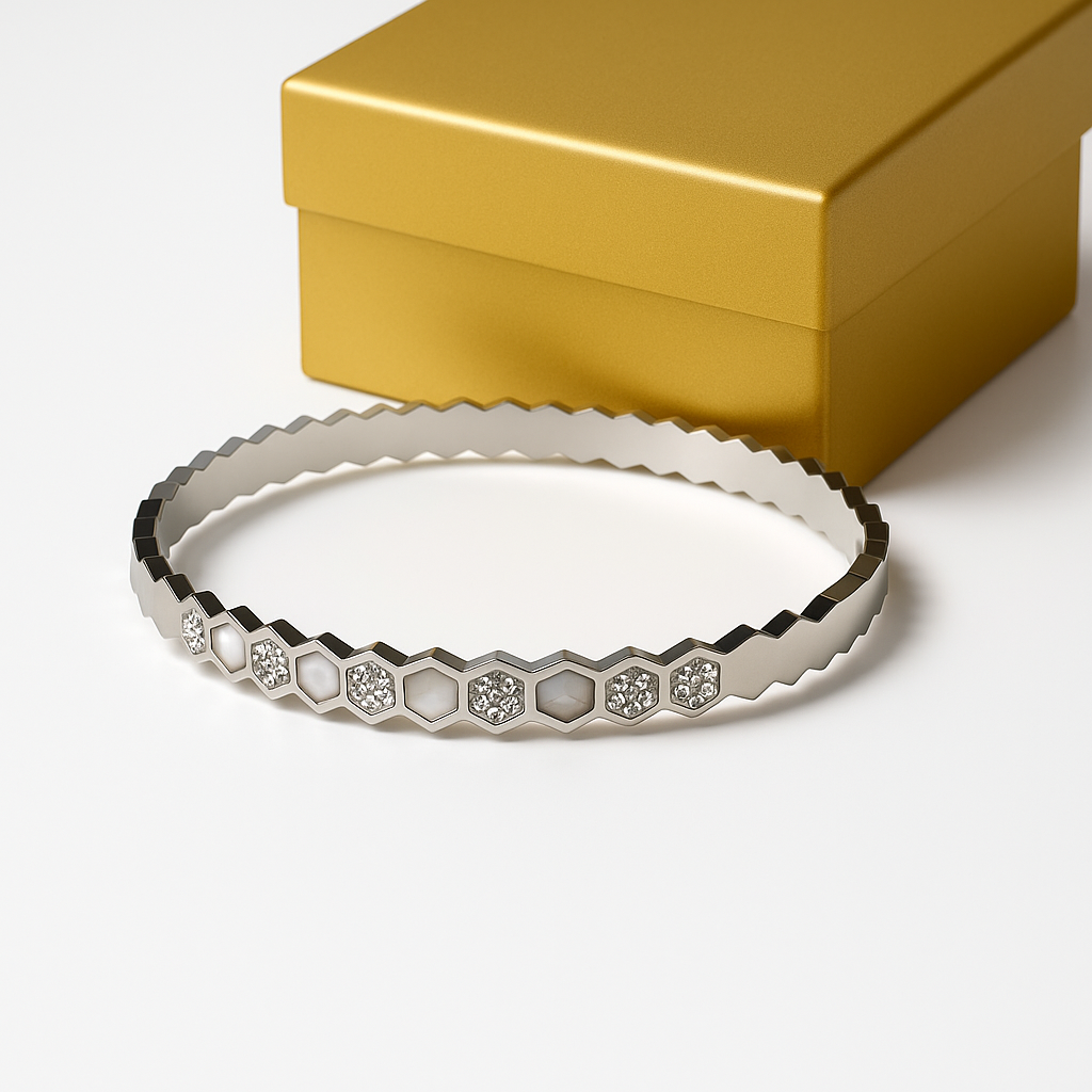 Silver Hexagon Crystal Bangle Bracelet | Anti Tarnish | Stainless Steel
