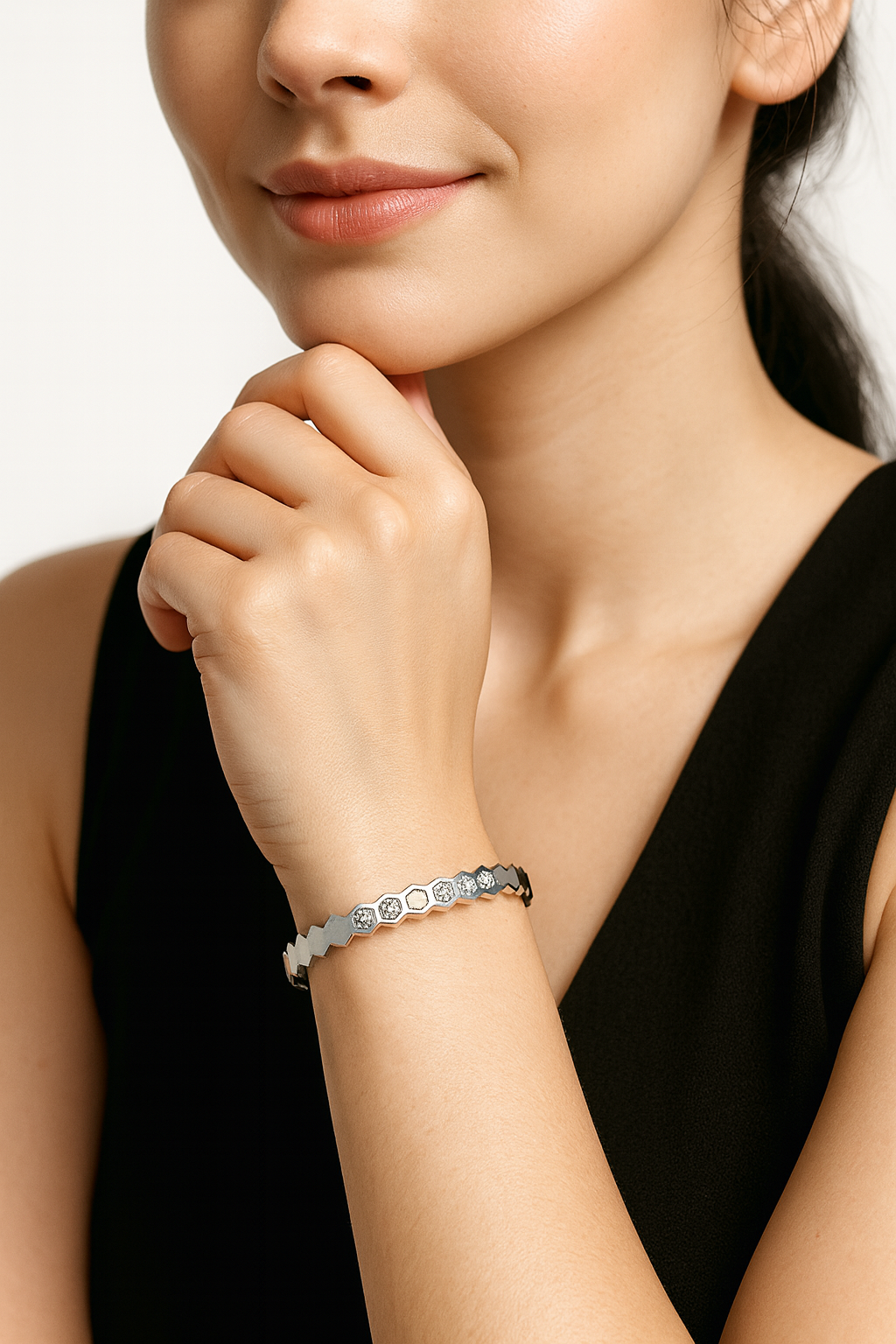 Silver Hexagon Crystal Bangle Bracelet | Anti Tarnish | Stainless Steel