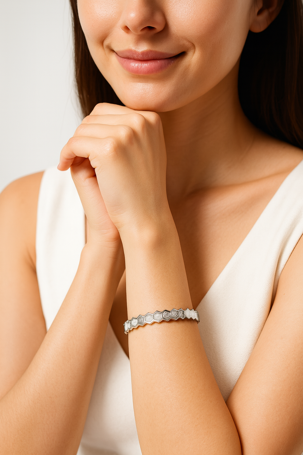 Silver Hexagon Crystal Bangle Bracelet | Anti Tarnish | Stainless Steel