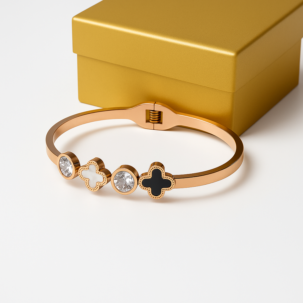 Rose Gold Clover & Crystal Bangle Bracelet | Anti Tarnish | Stainless Steel