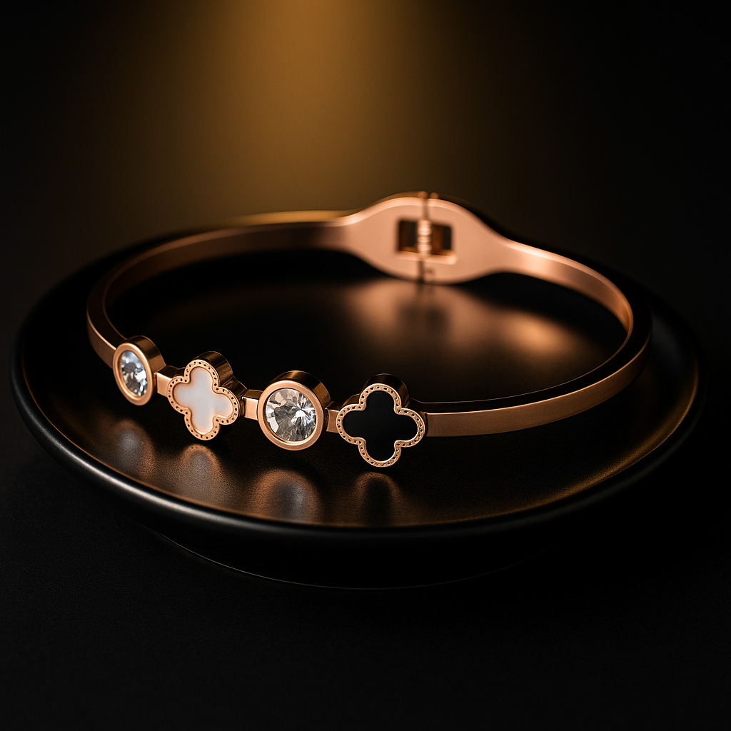 Rose Gold Clover & Crystal Bangle Bracelet | Anti Tarnish | Stainless Steel