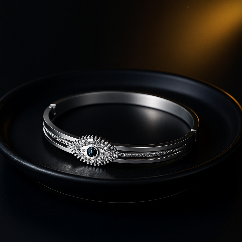 Silver Evil Eye Protection Bangle Bracelet | Anti Tarnish | Stainless Steel