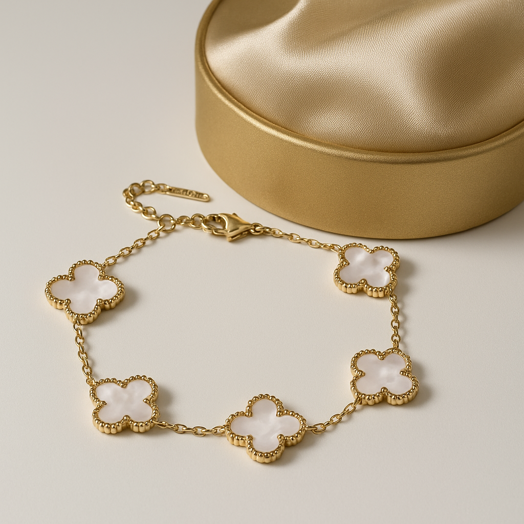 Elegant Gold Clover Bracelet with White Inlay Charms | Anti Tarnish | Stainless Steel