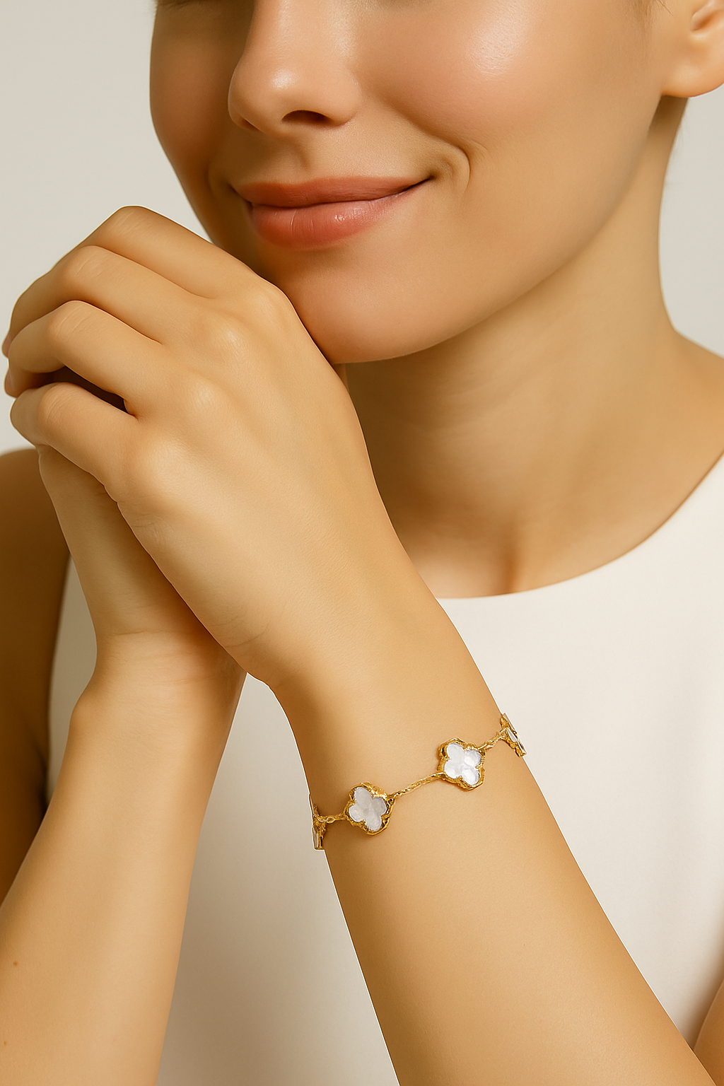 Elegant Gold Clover Bracelet with White Inlay Charms | Anti Tarnish | Stainless Steel