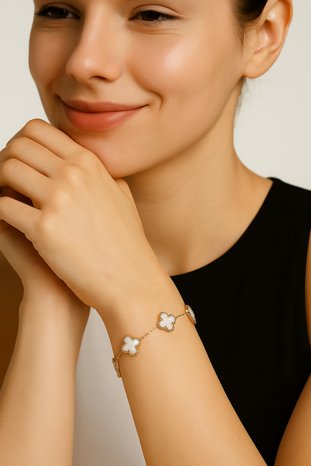 Elegant Gold Clover Bracelet with White Inlay Charms | Anti Tarnish | Stainless Steel