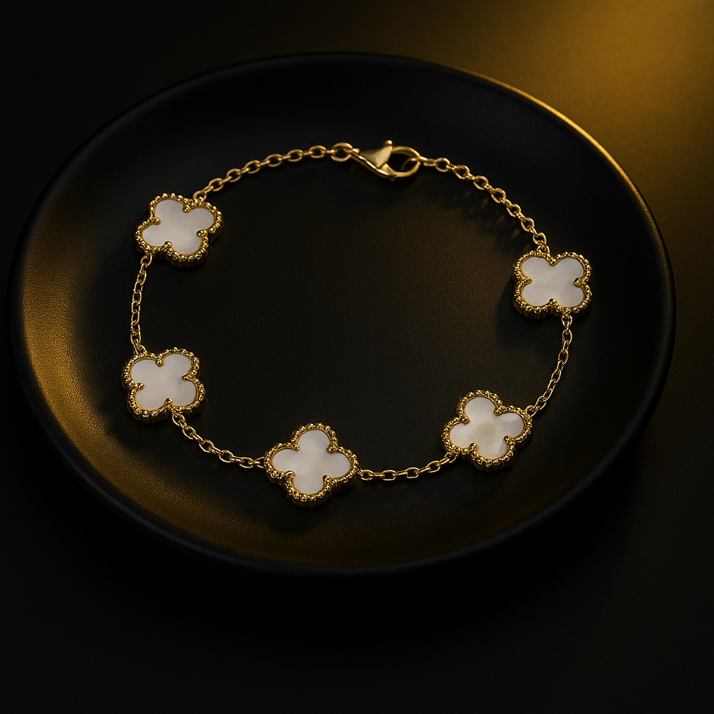 Elegant Gold Clover Bracelet with White Inlay Charms | Anti Tarnish | Stainless Steel