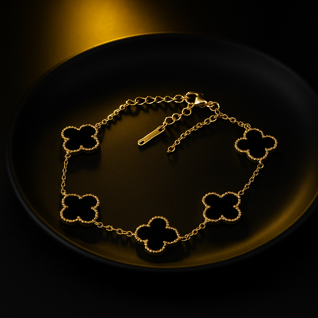 Elegant Gold Clover Bracelet with Black Inlay Charms | Anti Tarnish | Stainless Steel