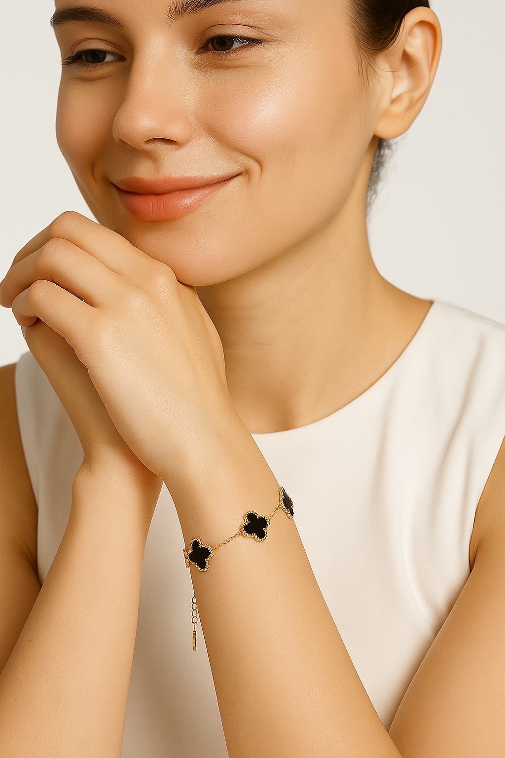 Elegant Gold Clover Bracelet with Black Inlay Charms | Anti Tarnish | Stainless Steel