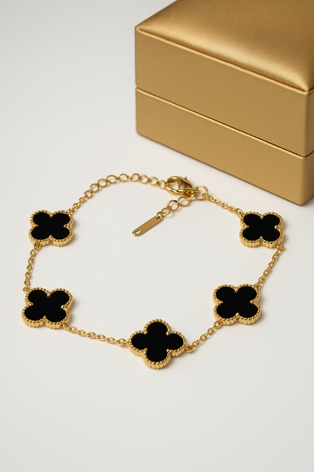 Elegant Gold Clover Bracelet with Black Inlay Charms | Anti Tarnish | Stainless Steel