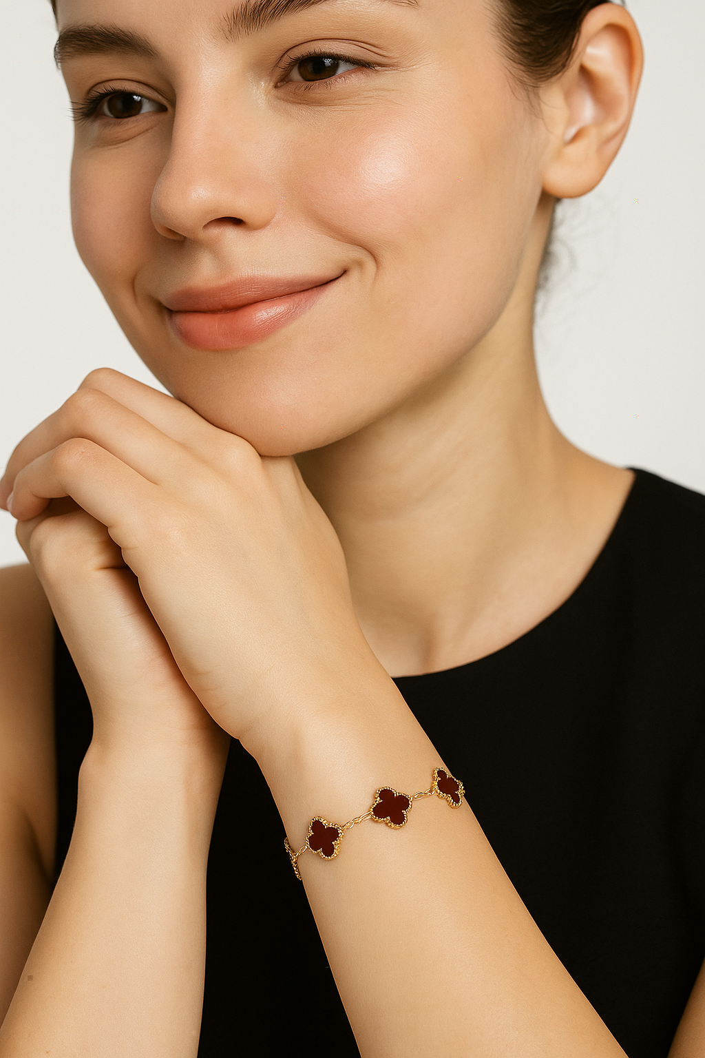 Elegant Gold Clover Bracelet with Maroon Inlay Charms | Anti Tarnish | Stainless Steel