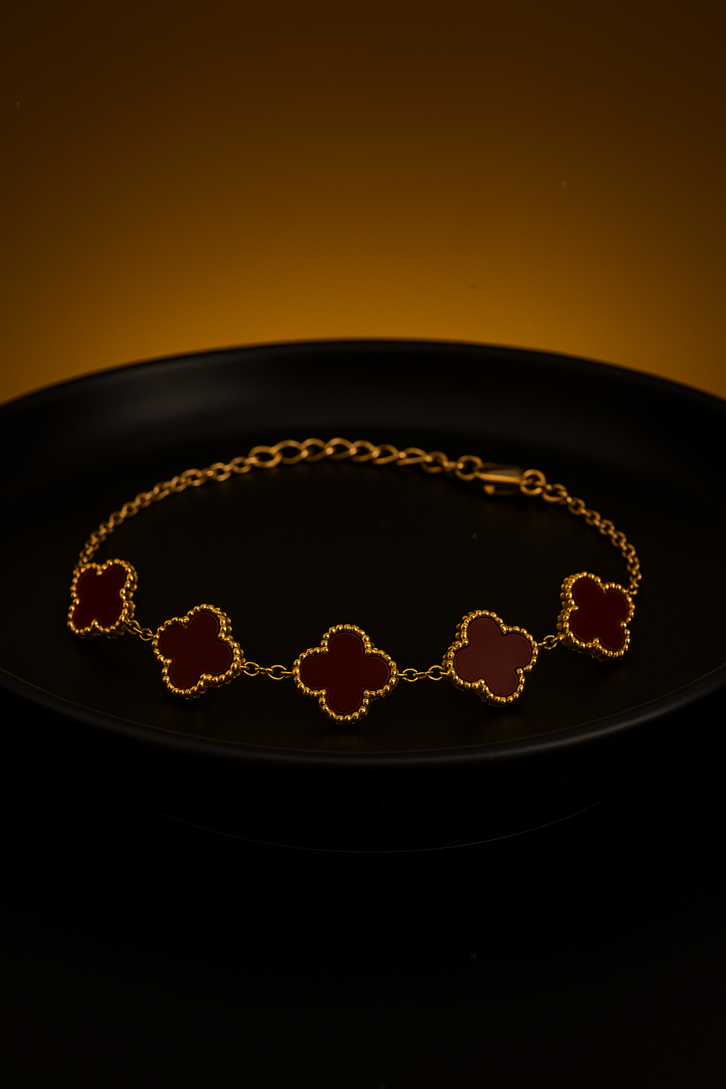 Elegant Gold Clover Bracelet with Maroon Inlay Charms | Anti Tarnish | Stainless Steel