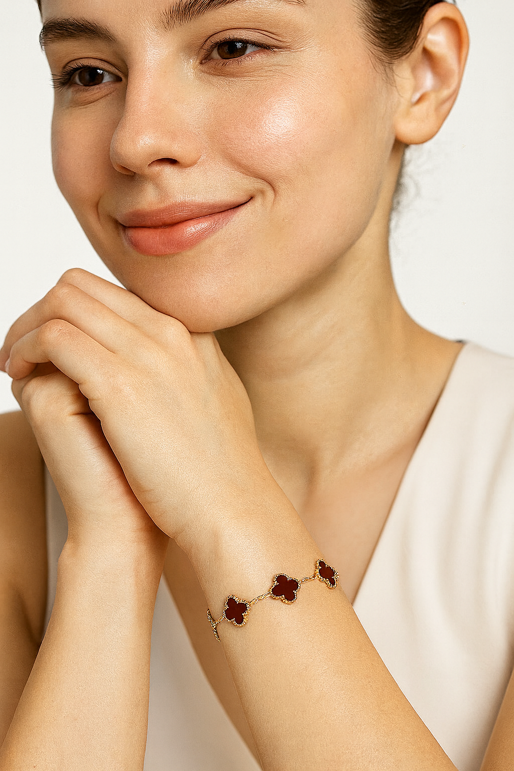Elegant Gold Clover Bracelet with Maroon Inlay Charms | Anti Tarnish | Stainless Steel