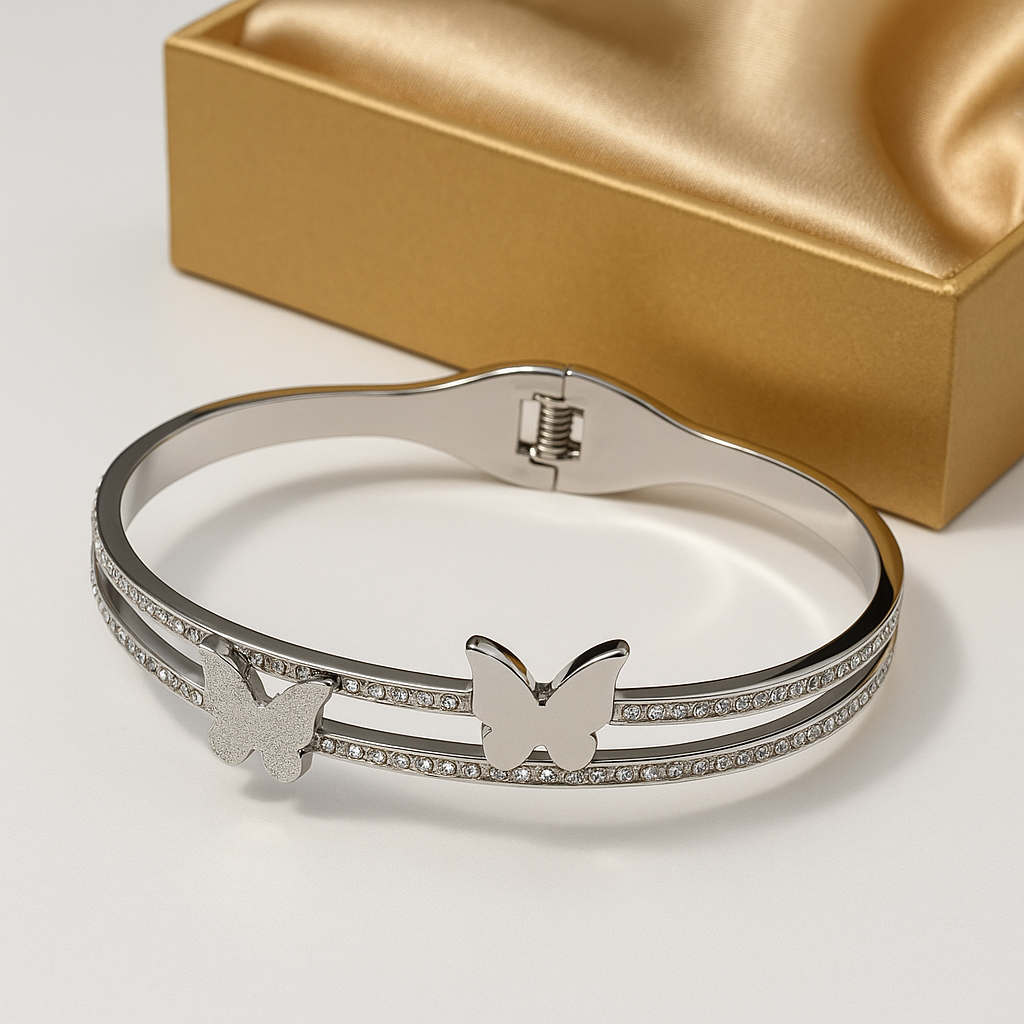 Silver Butterfly Bracelet with Double Row Crystal Detailing | Anti Tarnish | Stainless Steel