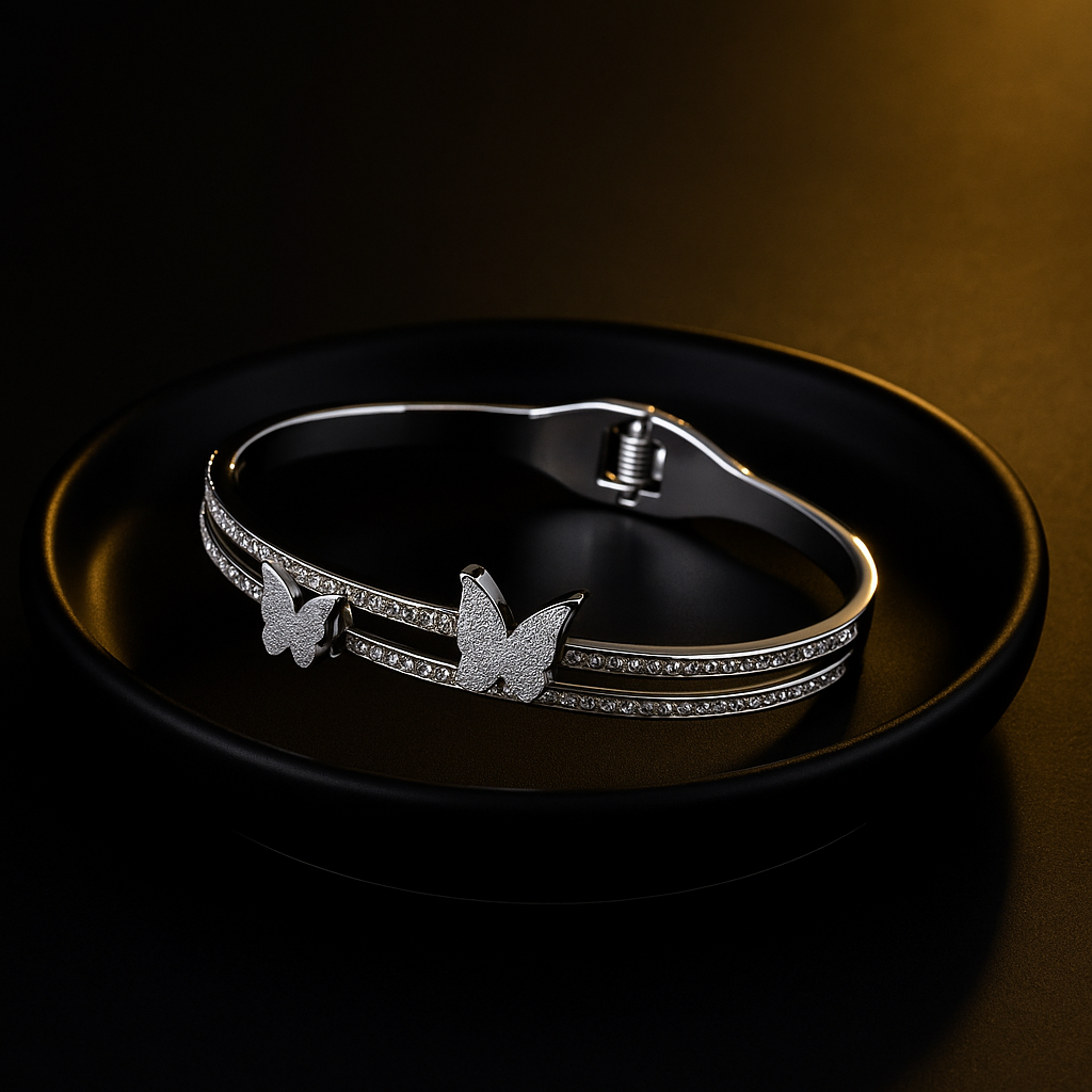 Silver Butterfly Bracelet with Double Row Crystal Detailing | Anti Tarnish | Stainless Steel