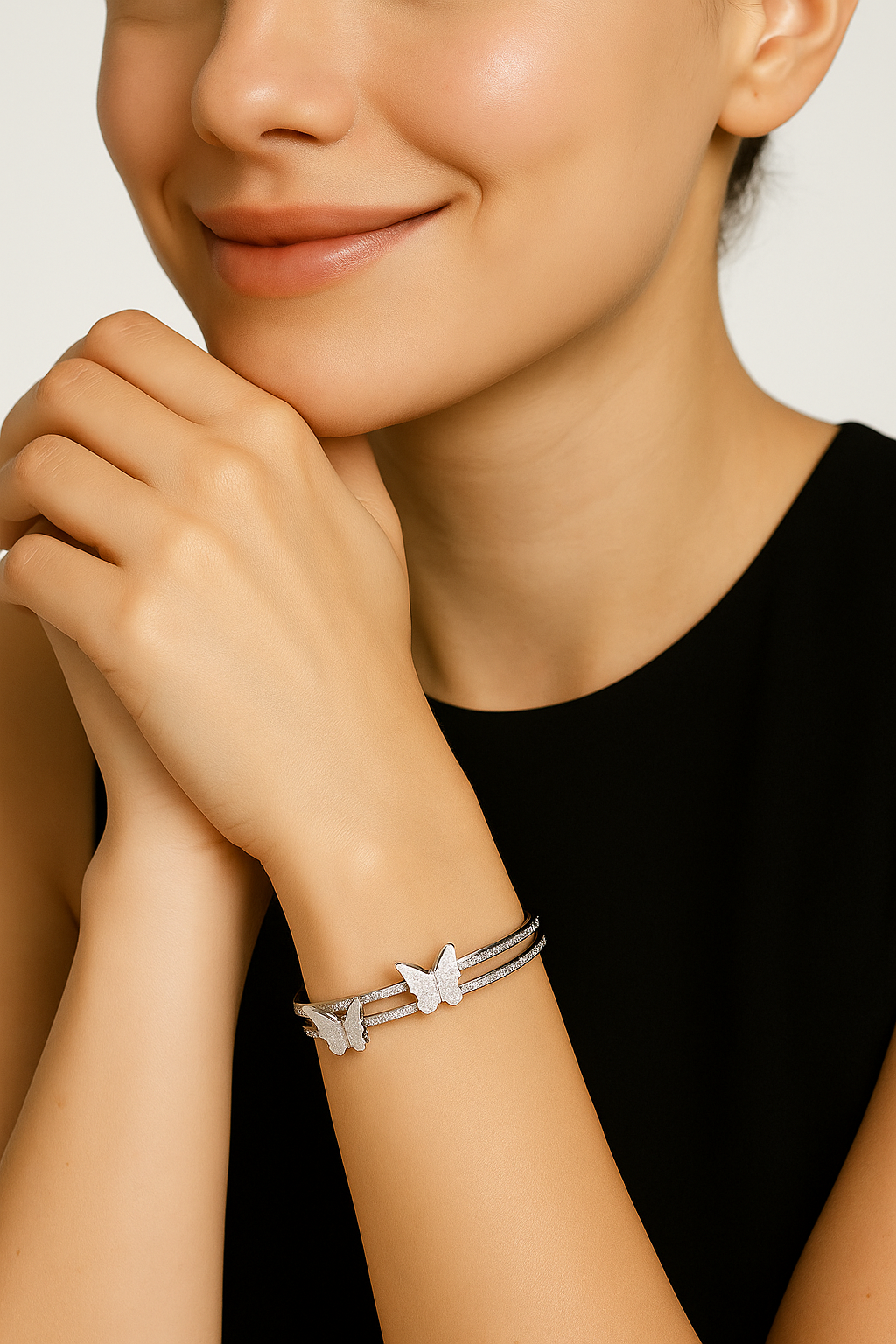 Silver Butterfly Bracelet with Double Row Crystal Detailing | Anti Tarnish | Stainless Steel