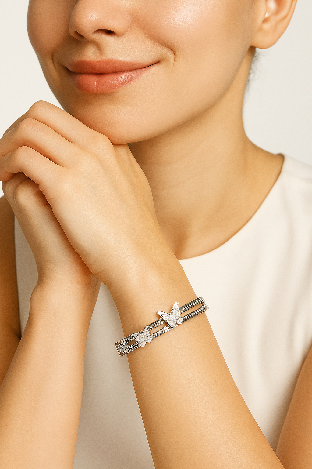 Silver Butterfly Bracelet with Double Row Crystal Detailing | Anti Tarnish | Stainless Steel