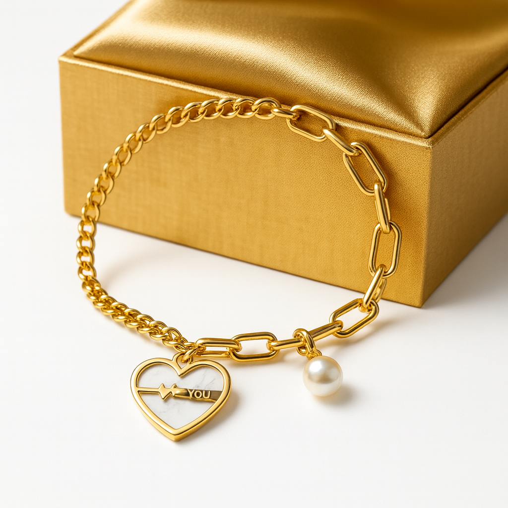 Gold Heart & Pearl Charm Bracelet for Women | Anti Tarnish | Stainless Steel