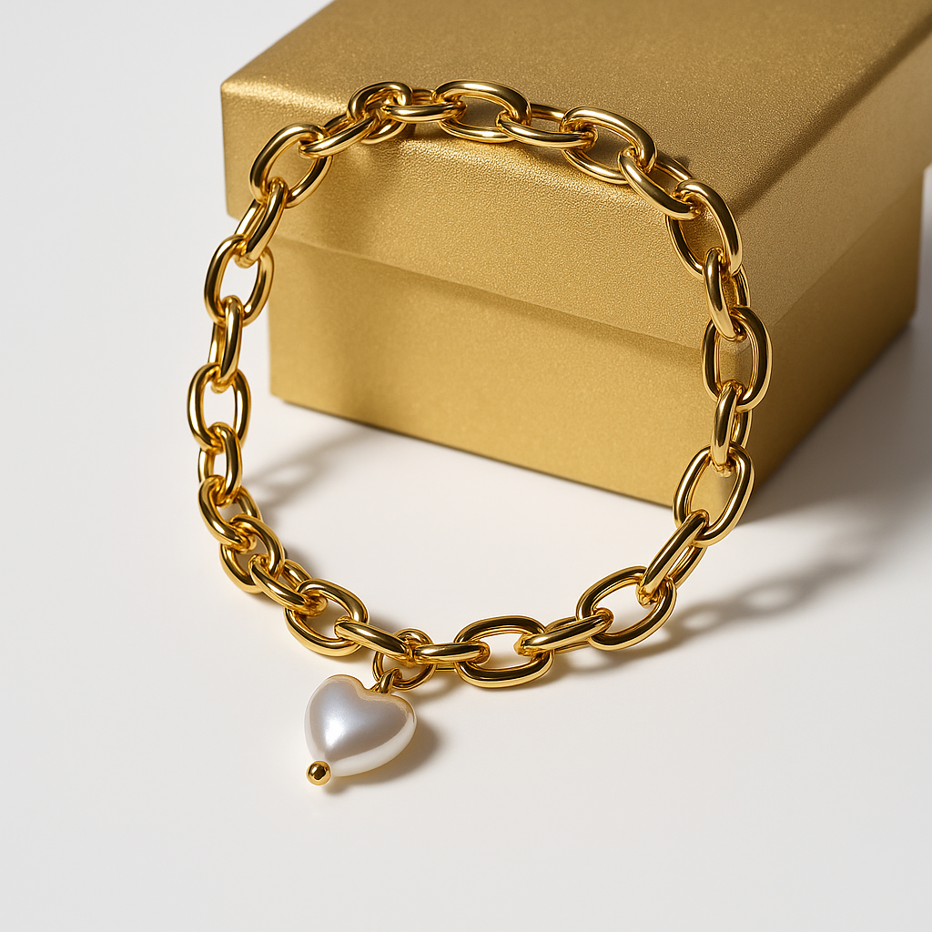 Chunky Link Bracelet with Pearl Heart Charm for Women | Anti Tarnish | Stainless Steel