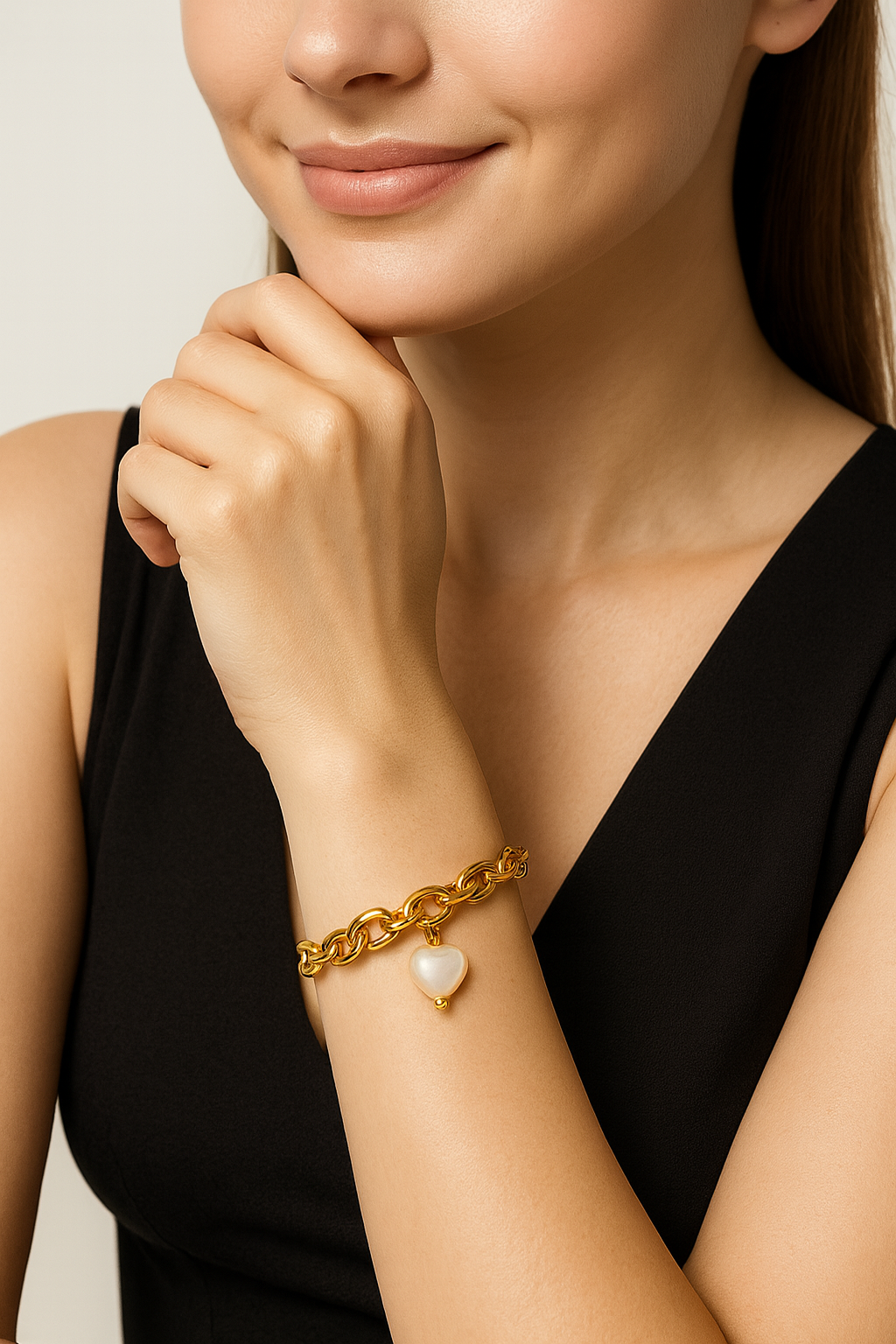 Chunky Link Bracelet with Pearl Heart Charm for Women | Anti Tarnish | Stainless Steel