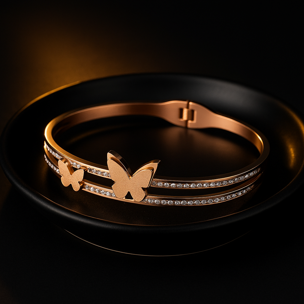Rose Gold Butterfly Bangle Bracelet with Crystals | Anti Tarnish | Stainless Steel