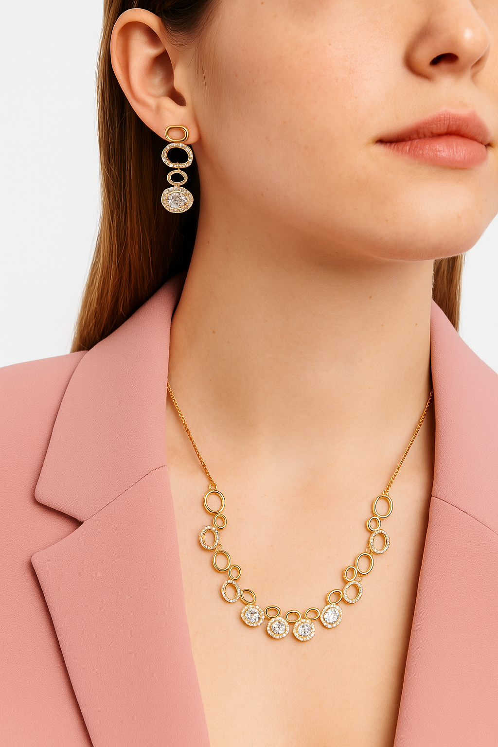 Elegant Gold Plated Necklace & Earrings Set | Sparkling Zircon Stones