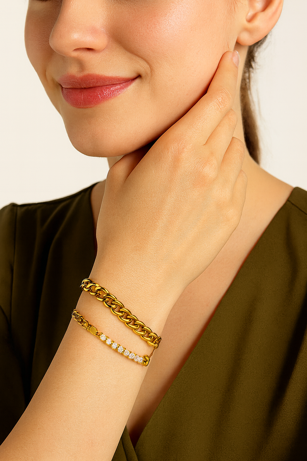 Gold Link & Crystal Dual Chain Bracelet | Anti Tarnish | Stainless Steel