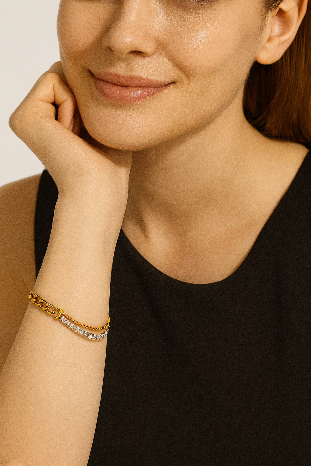 Gold Link & Crystal Dual Chain Bracelet | Anti Tarnish | Stainless Steel