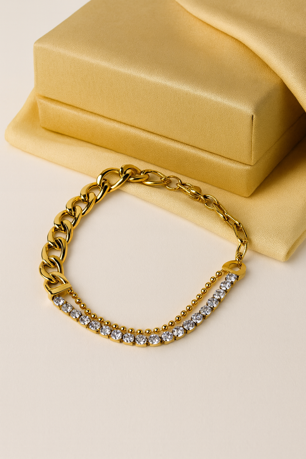 Gold Link & Crystal Dual Chain Bracelet | Anti Tarnish | Stainless Steel