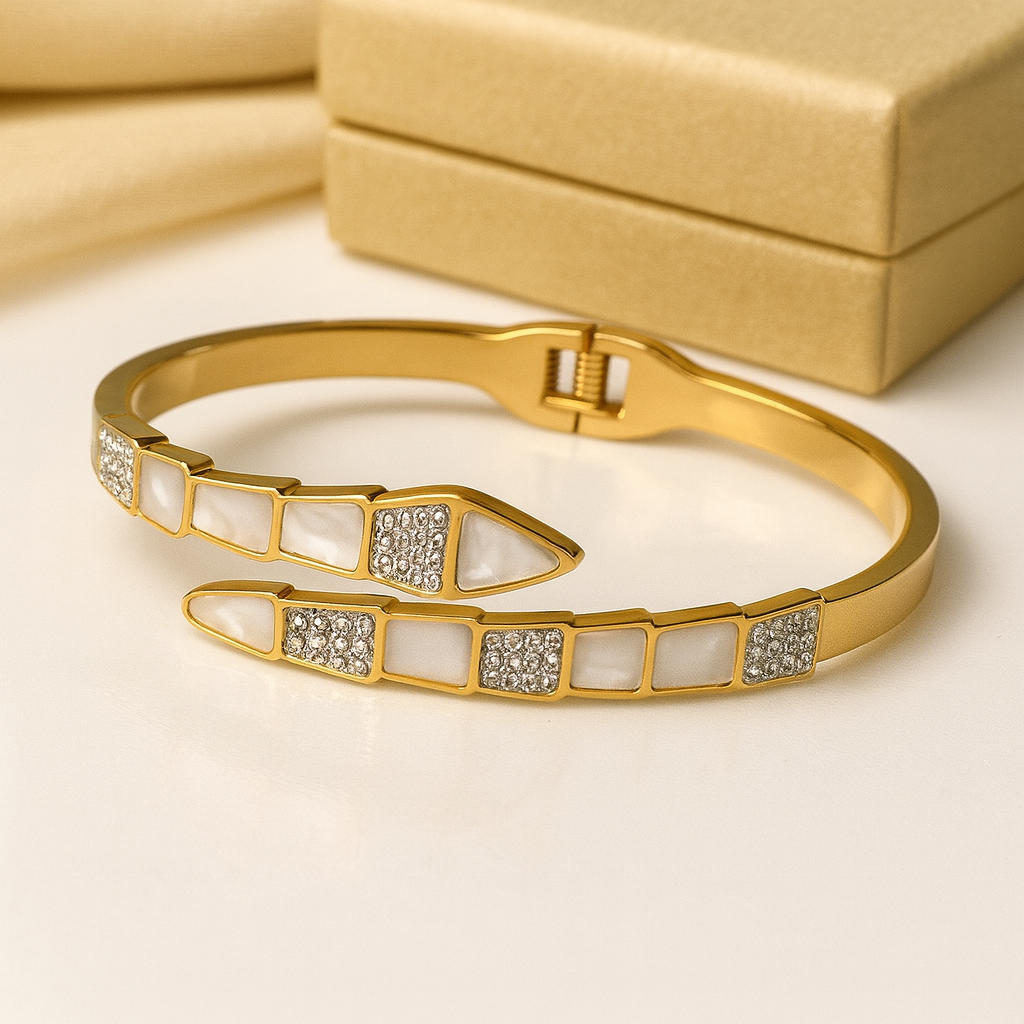 Gold Snake Inspired Bracelet with White Stone & Crystals | Anti Tarnish | Stainless Steel