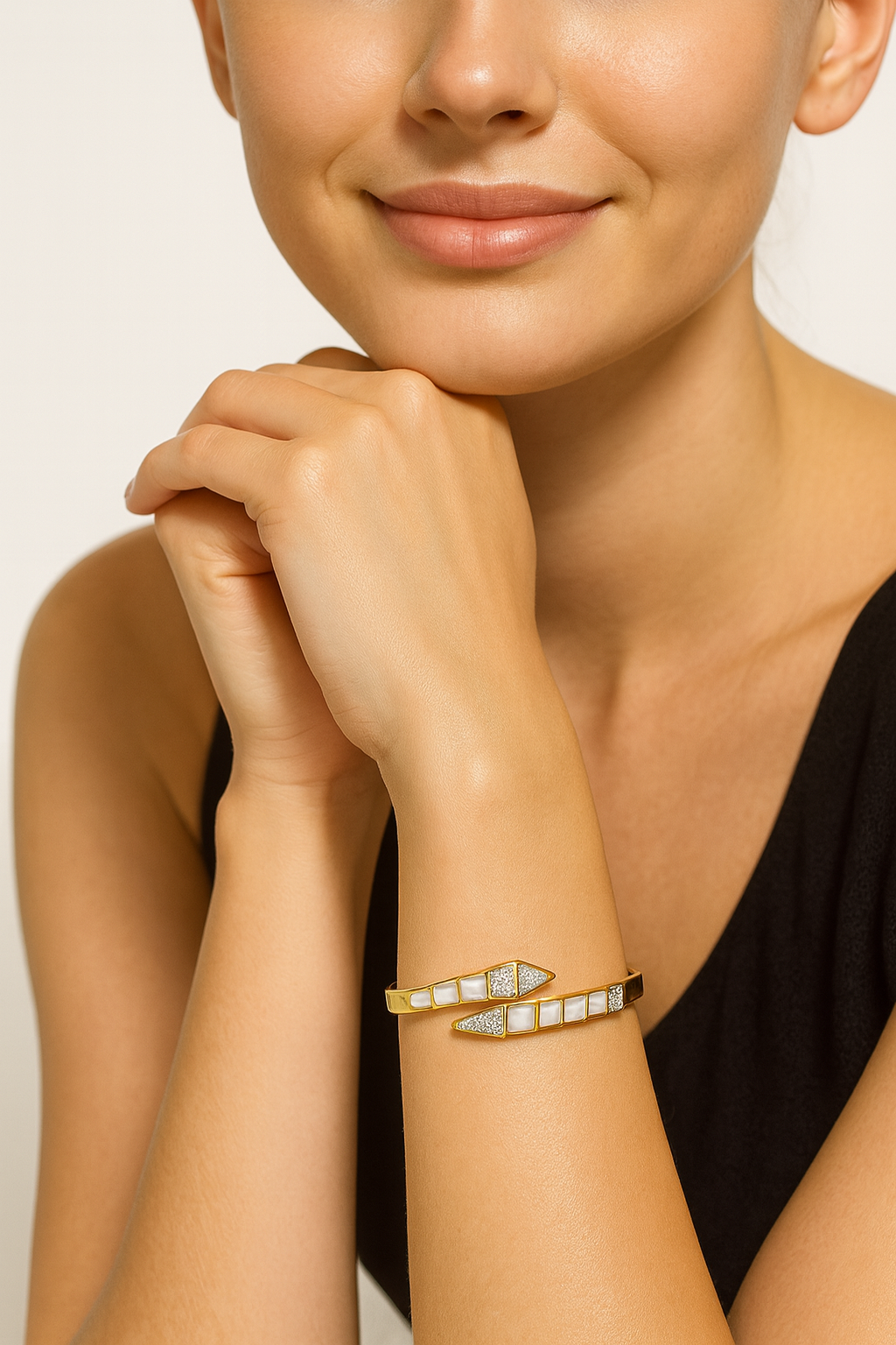 Gold Snake Inspired Bracelet with White Stone & Crystals | Anti Tarnish | Stainless Steel