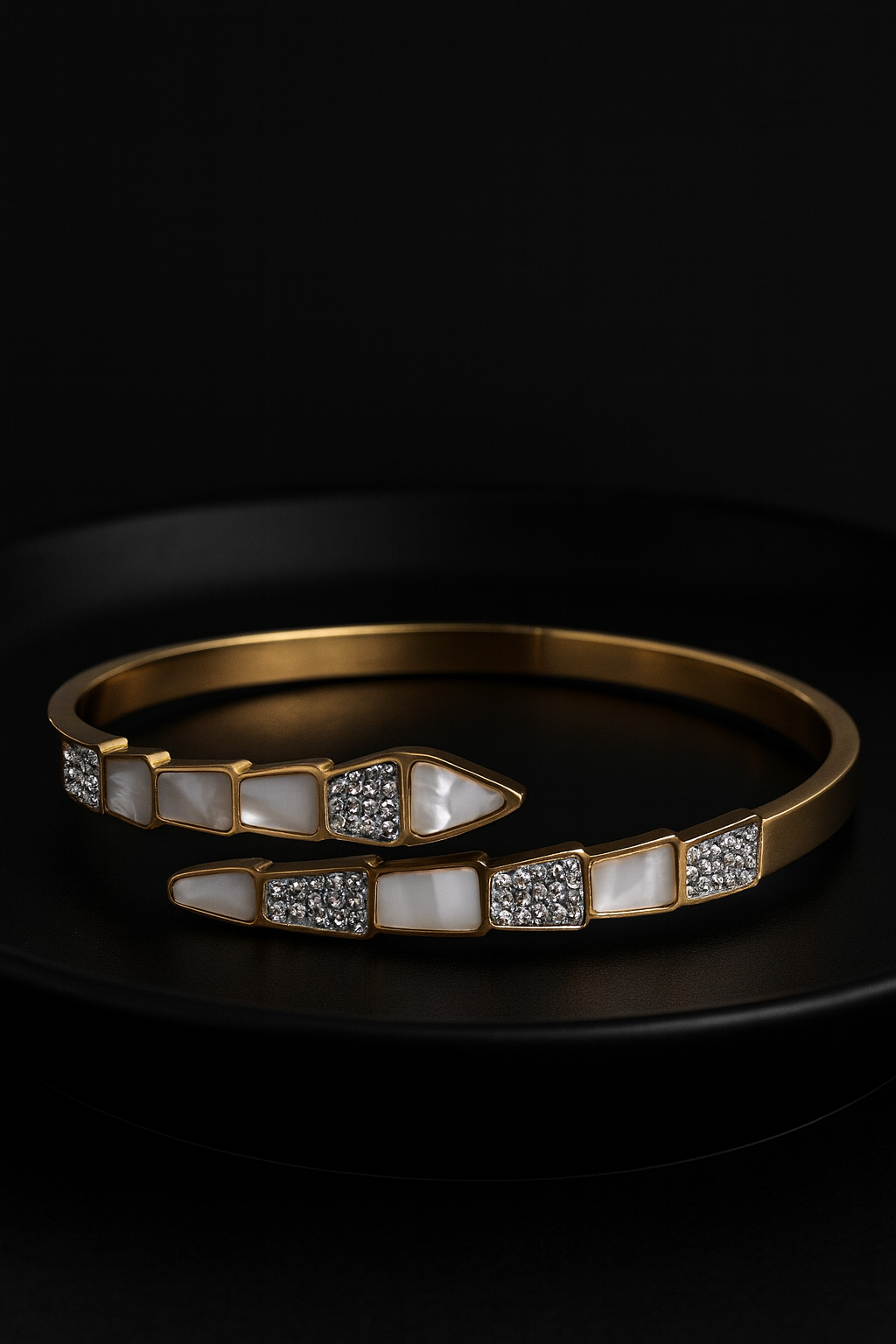 Gold Snake Inspired Bracelet with White Stone & Crystals | Anti Tarnish | Stainless Steel