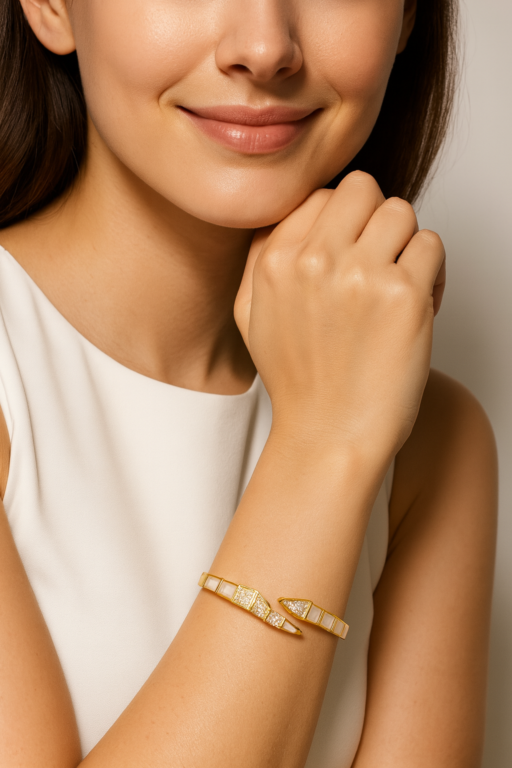 Gold Snake Inspired Bracelet with White Stone & Crystals | Anti Tarnish | Stainless Steel