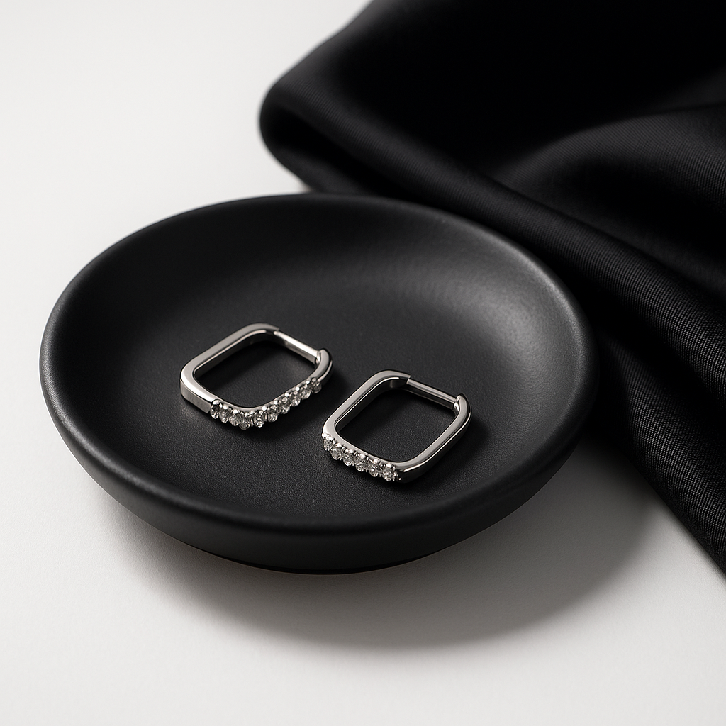 Small Elegant Silver-Tone Rectangular Hoop Earrings with Crystals | Anti Tarnish | Stainless Steel