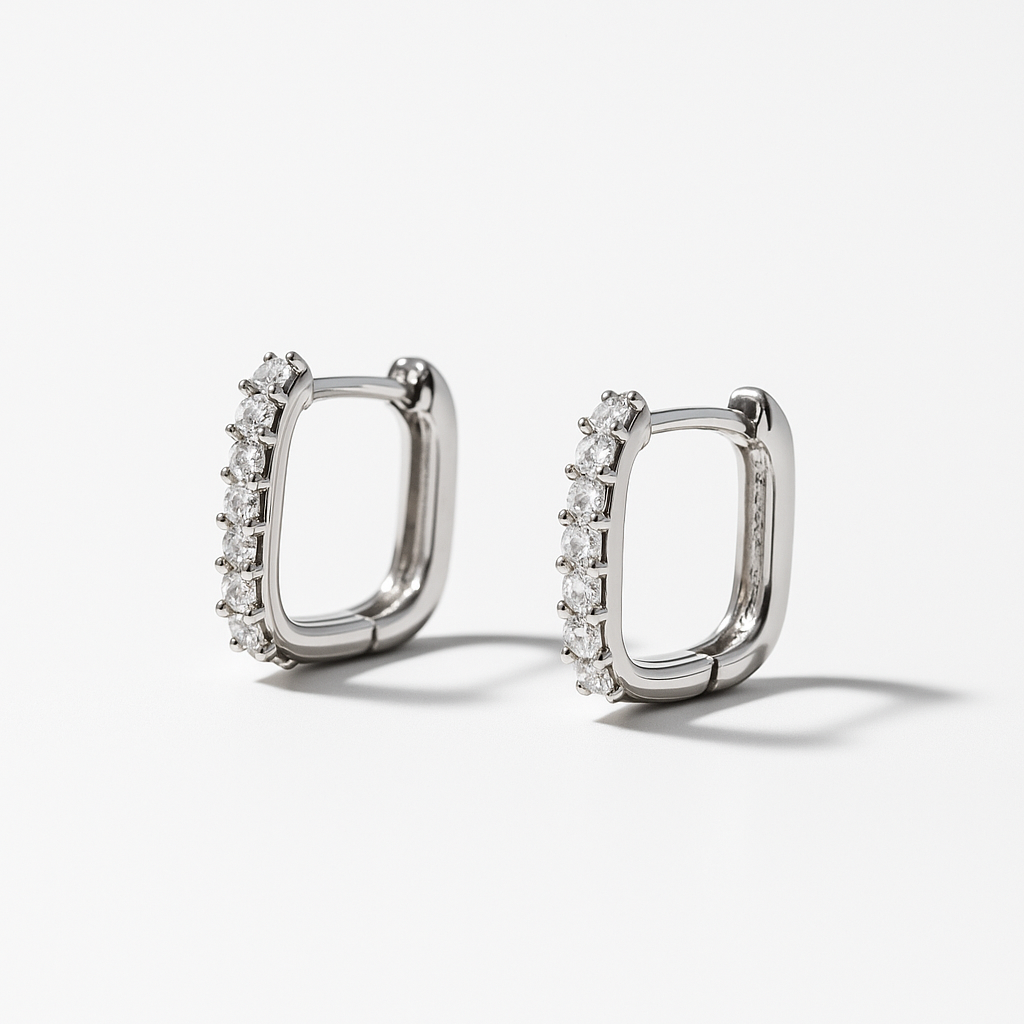 Small Elegant Silver-Tone Rectangular Hoop Earrings with Crystals | Anti Tarnish | Stainless Steel