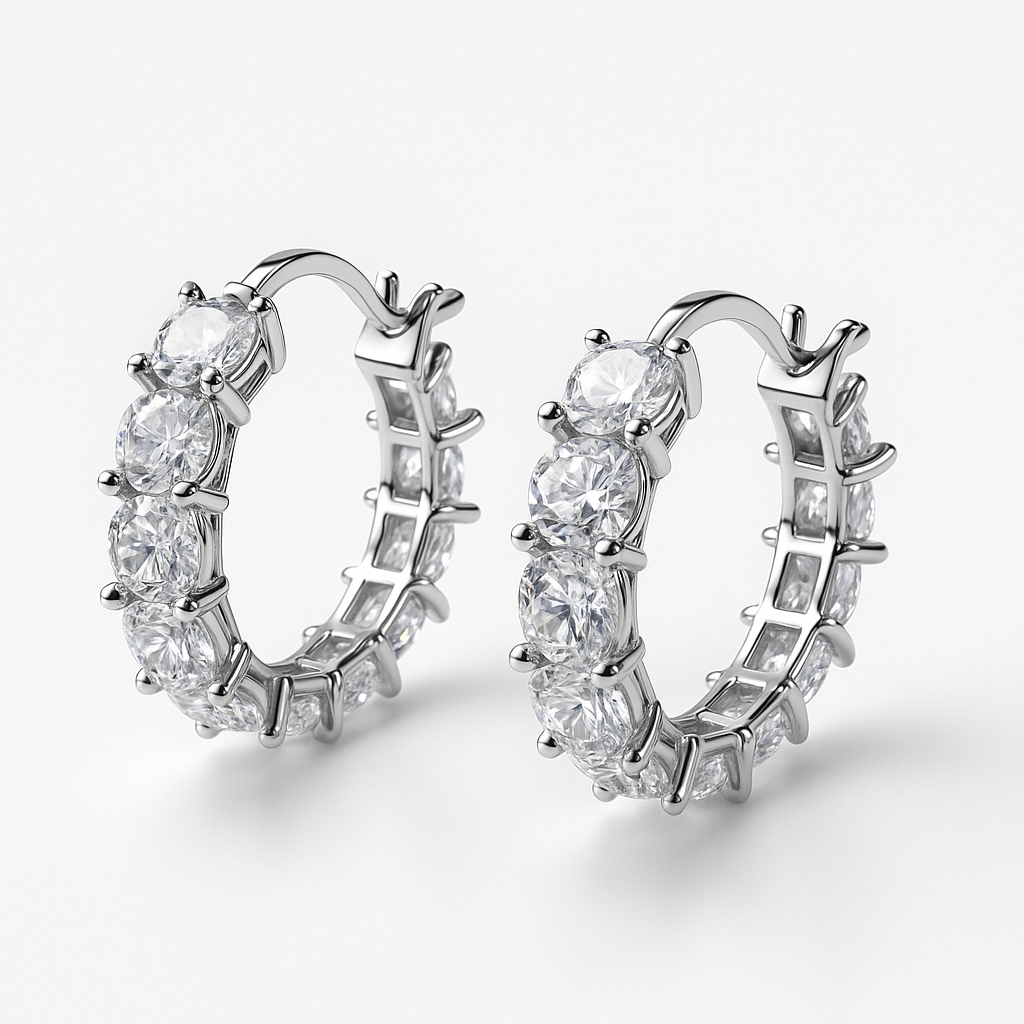 Classic Silver-Tone Round Hoop Earrings with Full Crystal Setting | Anti Tarnish | Stainless Steel