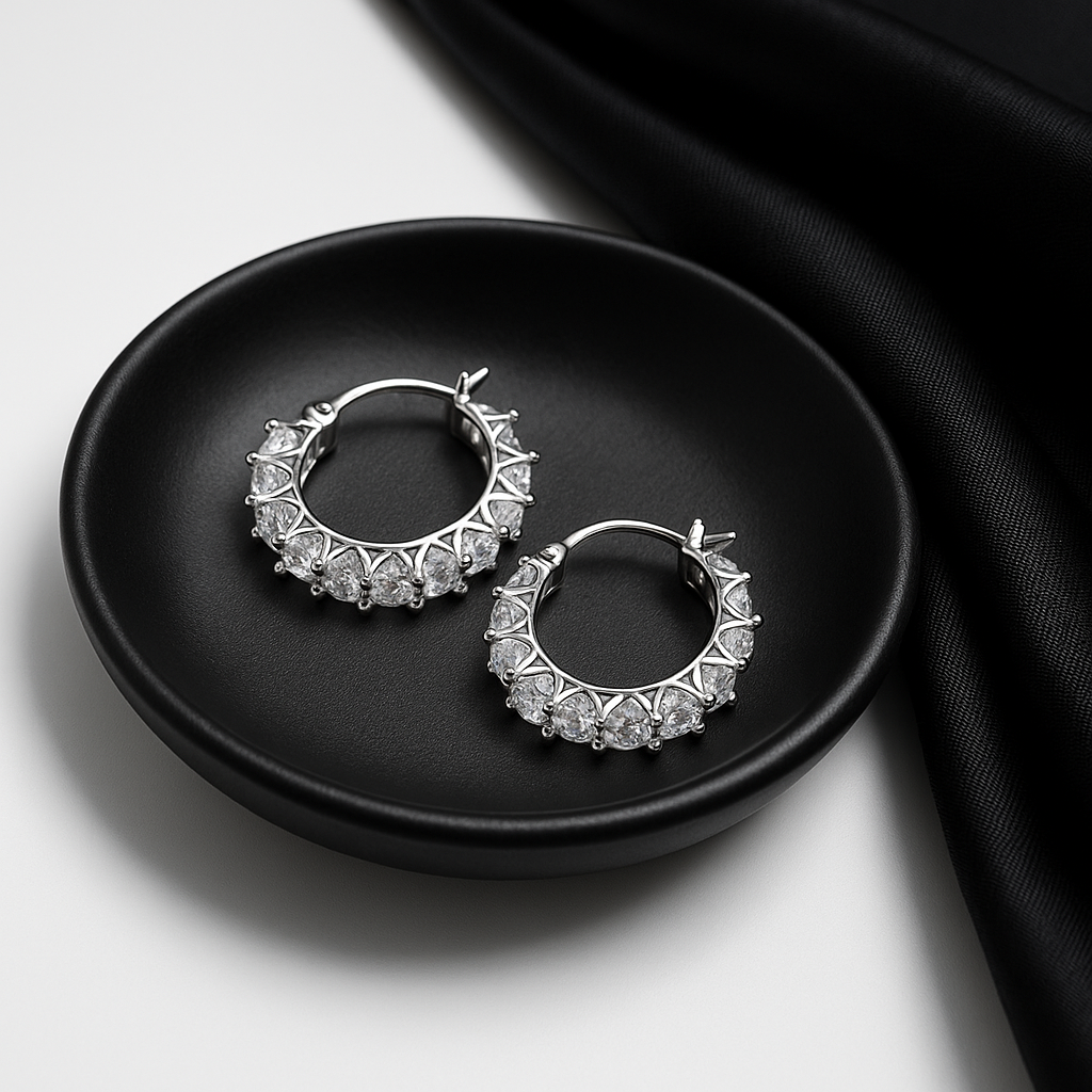 Classic Silver-Tone Round Hoop Earrings with Full Crystal Setting | Anti Tarnish | Stainless Steel