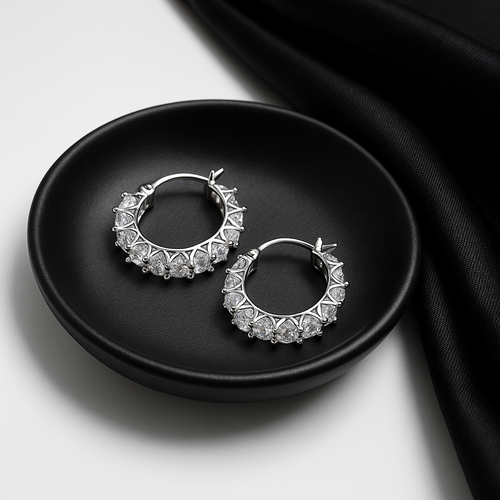 Classic Silver-Tone Round Hoop Earrings with Full Crystal Setting | Anti Tarnish | Stainless Steel