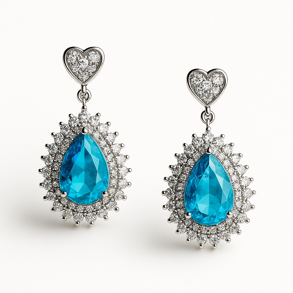 Blue Pear-Shaped Gemstone Dangle Earrings with Heart Top & Crystal Halo | Anti Tarnish | Stainless Steel