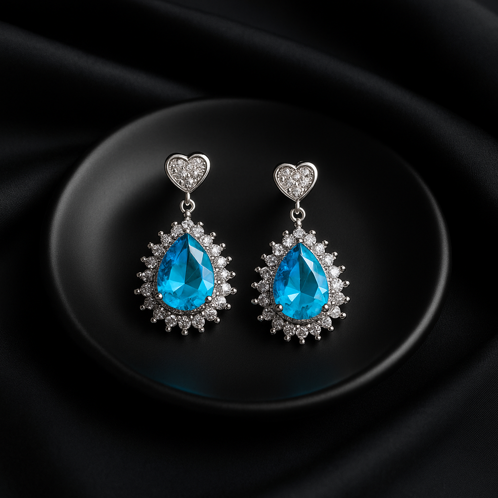 Blue Pear-Shaped Gemstone Dangle Earrings with Heart Top & Crystal Halo | Anti Tarnish | Stainless Steel