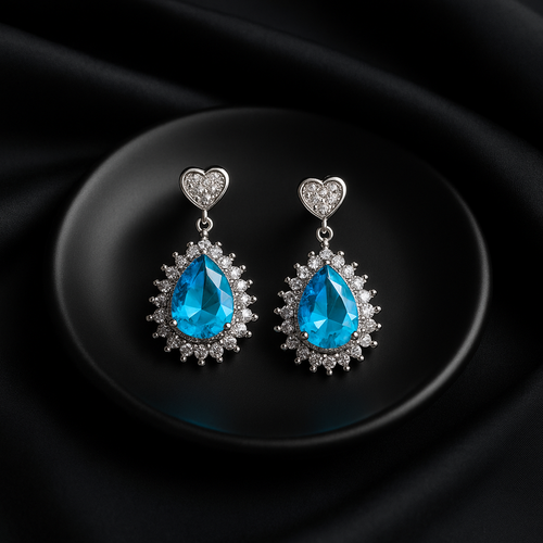 Blue Pear-Shaped Gemstone Dangle Earrings with Heart Top & Crystal Halo | Anti Tarnish | Stainless Steel