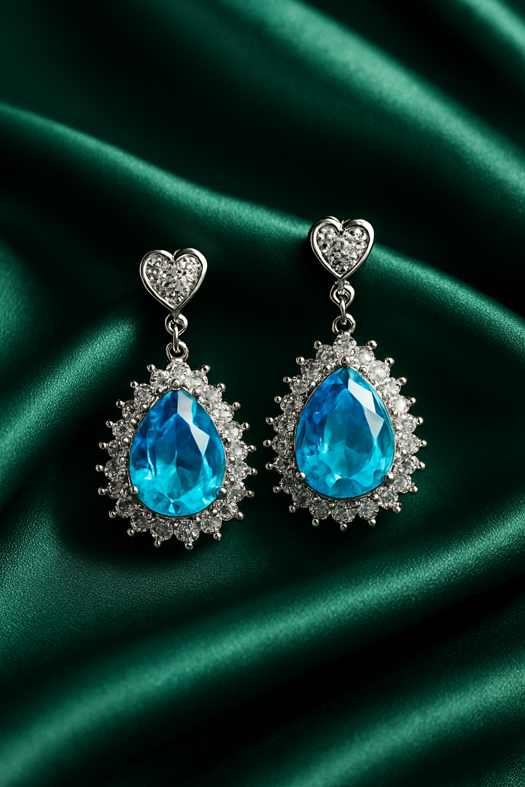 Blue Pear-Shaped Gemstone Dangle Earrings with Heart Top & Crystal Halo | Anti Tarnish | Stainless Steel