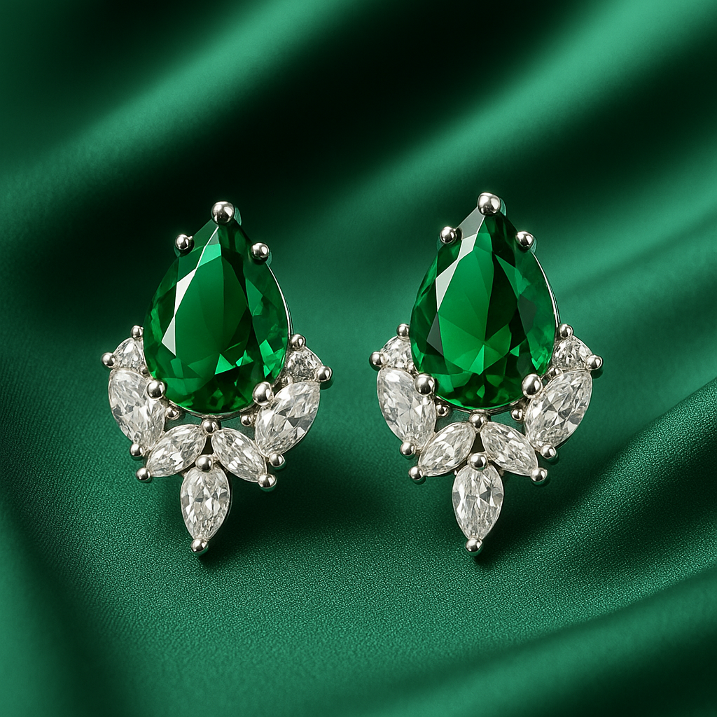 Emerald Green Pear-Cut Stud Earrings with Crystal Accents | Anti Tarnish | Stainless Steel