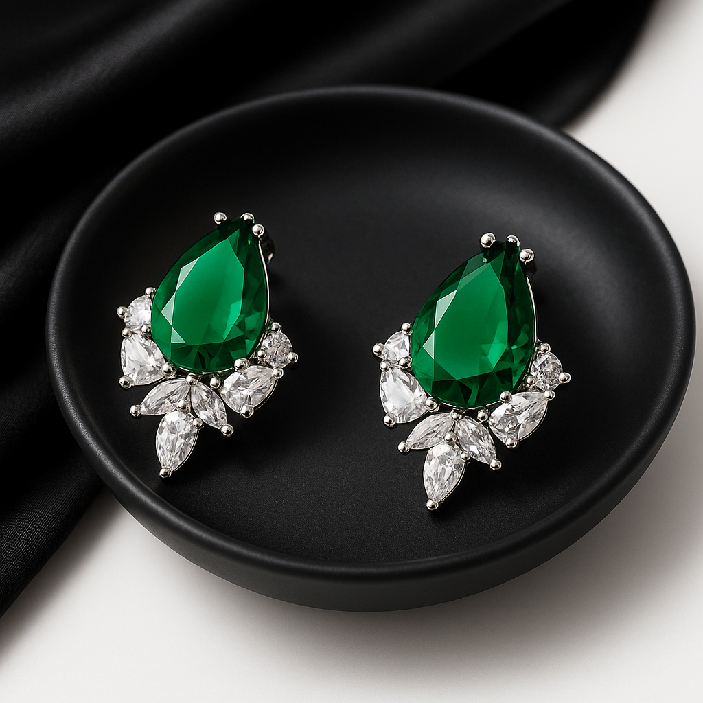 Emerald Green Pear-Cut Stud Earrings with Crystal Accents | Anti Tarnish | Stainless Steel