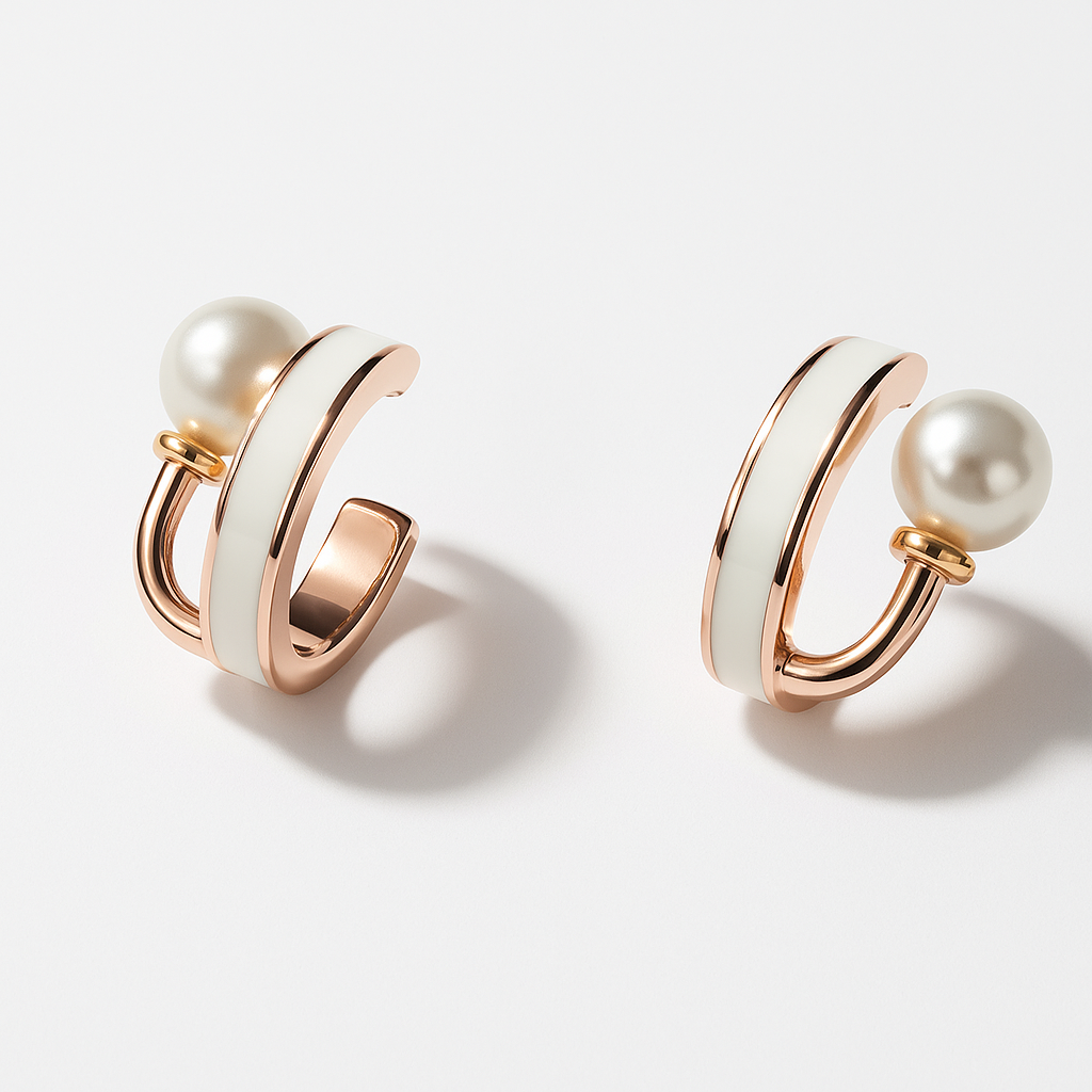 Rose Gold Pearl & Enamel Hoop Earrings | Korean Designer Jewellery