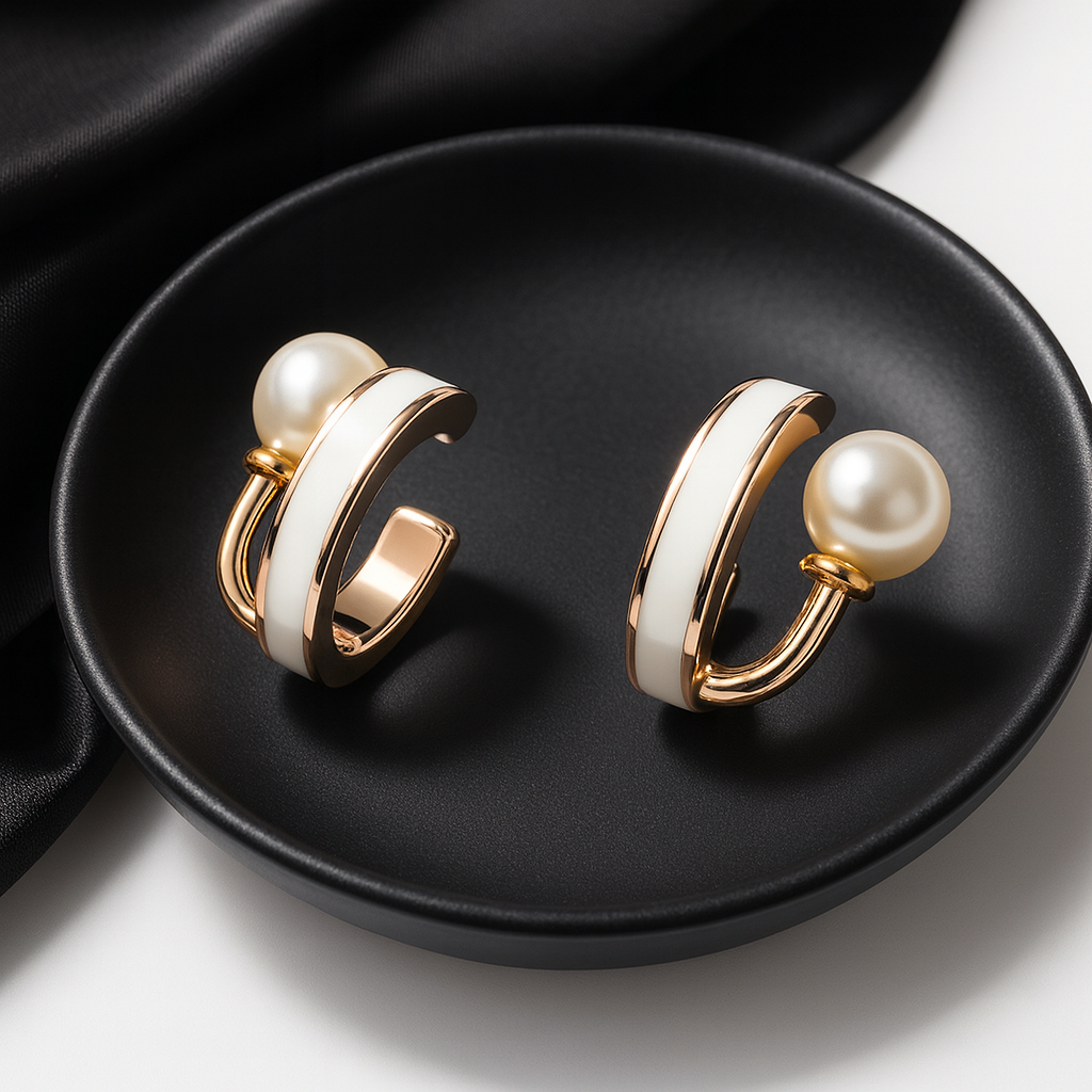 Rose Gold Pearl & Enamel Hoop Earrings | Korean Designer Jewellery