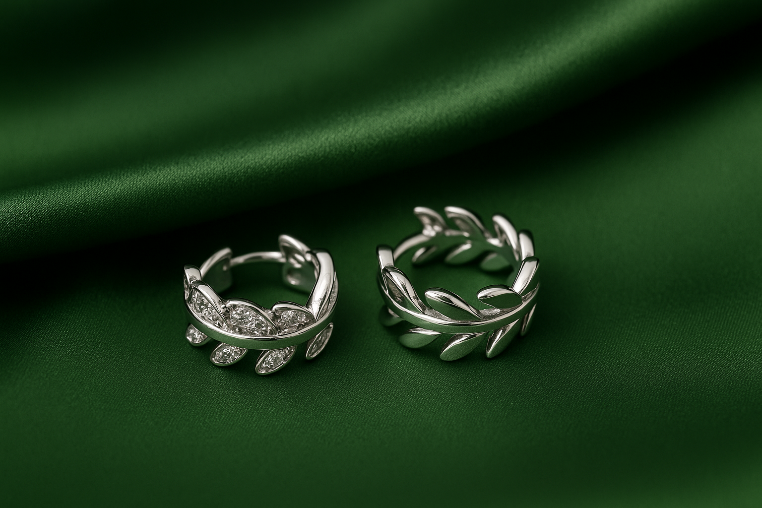 Silver Leaf Motif Hoop Earrings with Crystal Accents | Korean Designer Jewellery