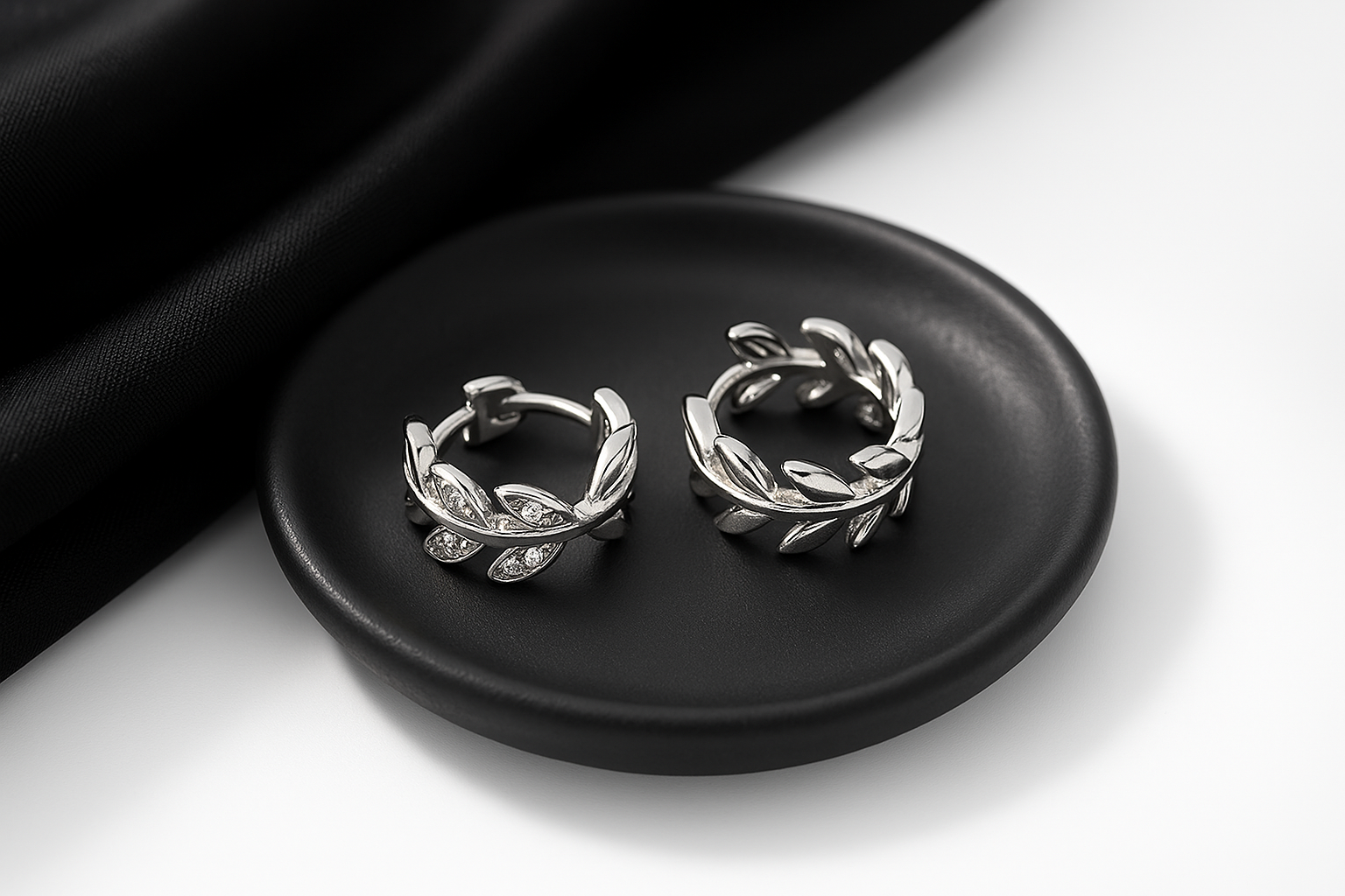 Silver Leaf Motif Hoop Earrings with Crystal Accents | Korean Designer Jewellery