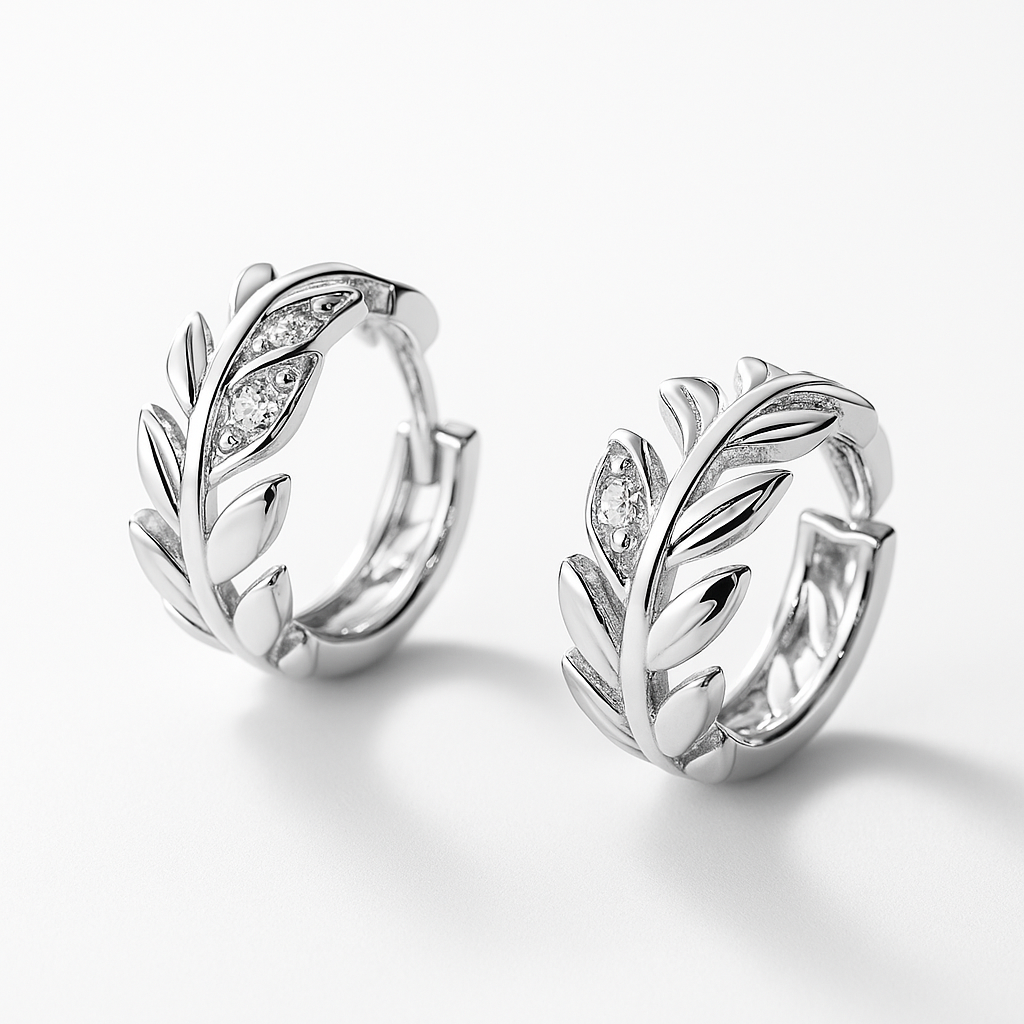 Silver Leaf Motif Hoop Earrings with Crystal Accents | Korean Designer Jewellery