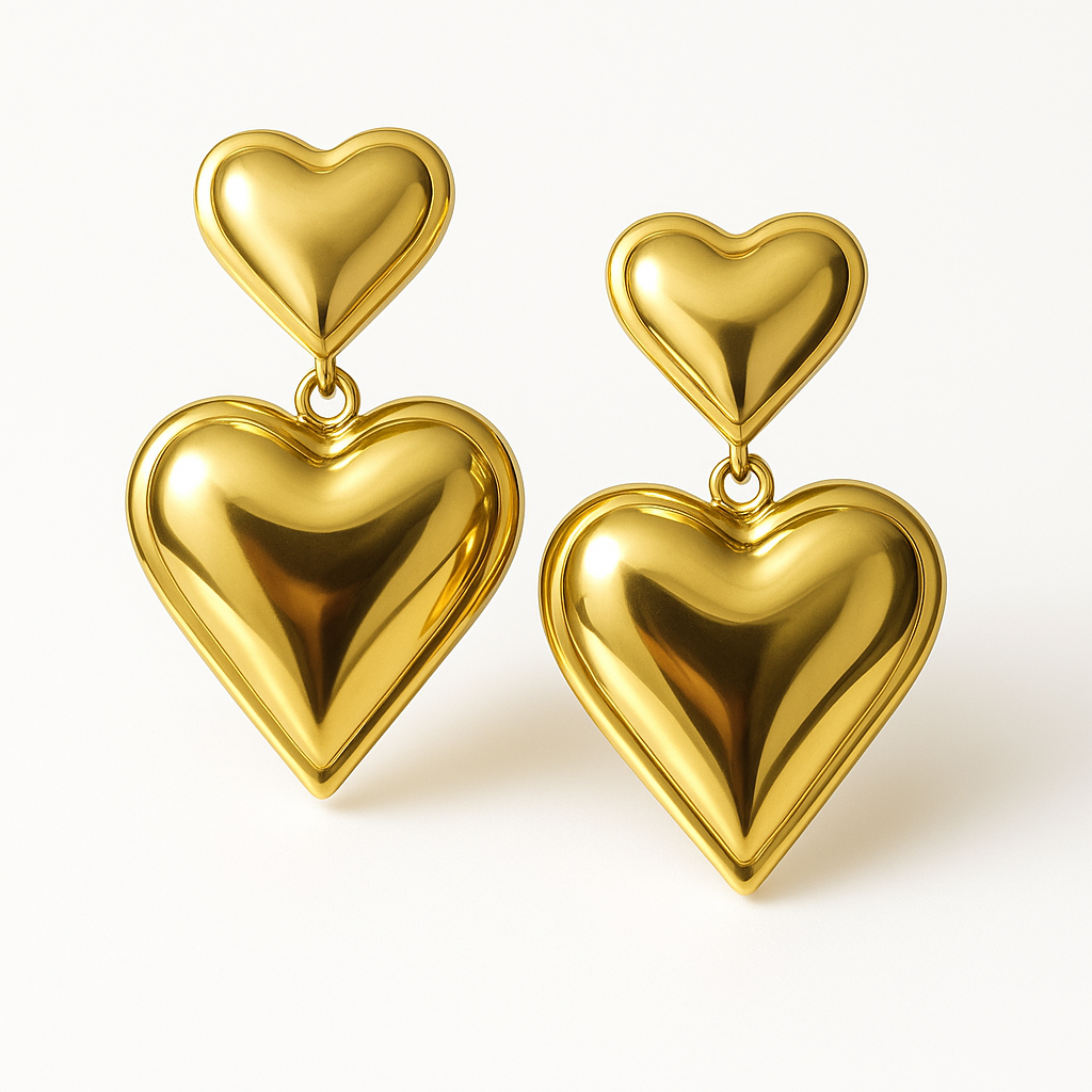 Bold Golden Double Heart Drop Earrings | Anti Tarnish | Stainless Steel