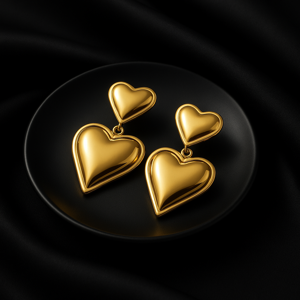 Bold Golden Double Heart Drop Earrings | Anti Tarnish | Stainless Steel